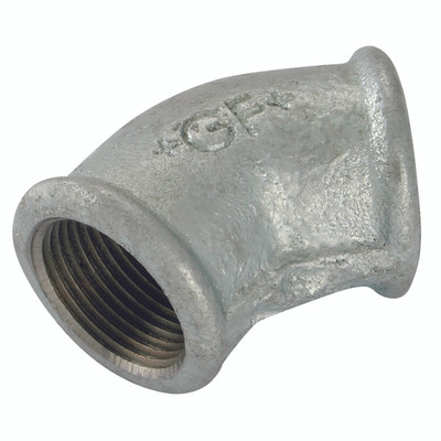 1/2" BSP FEM EQUAL 45Â° ELBOW GALVANISED GF120G - 1/2" BSP Parallel Female, Malleable Iron Pipe Fitting, Galvanised, Equal 45Ã‚Â° Elbow, Fig