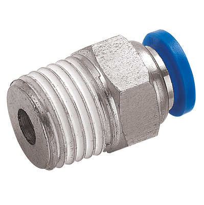 10mm x 3/8" NPT Male Stud - 3/8" NPT Male x 10mm Outside Diameter, Pneumatic One Touch Plastic Push-in Metric Tube Fitting, Stud, Plastic/Brass Nickel Plated, Working Temperature 0Ã‚Â°C to +60Ã‚Â°C, Maximum Working Pressure 10 bar, KelmAll images used