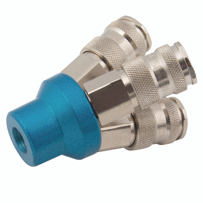 1/4" BSPP Female Triple Outlet Connector - 1/4" BSP Parallel Female Connectors, Triple Outlet, 3 x Coupling Outlets, 1 x 1/4" Inlet Series 25KA, Standard, Parker Rectus, Pneumatic Quick Release, Valved, Steel, Working Temperature -20Ãƒâ€šÃ‚Â°C to +60Ãƒâ€š