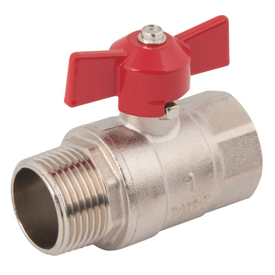 1"BSPM x 1"BSPF Brass Ball Valve Red T Hdle - 1" BSP Parallel Male x 1" BSP Parallel Female, Ball Valve, Red T Handle, Nickel Plated Brass Body, PTFE Seal, Working Temperature -10�C to +60�C, Maximum Working Pressure 25 bar, FT ProAll images used a