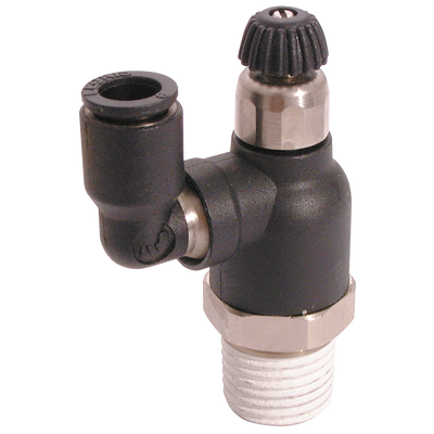 8MM X 1/8" COMPACT SWIVEL OUTLET - 1/8" BSP Parallel Male x 8mm Outside Diameter, Compact Swivel 90Ã‚Â° Manual Flow Controller, Uni-Directional to Suit Cylinder, Working Temperature 0Ã‚Â°C to +70Ã‚Â°C, Maximum Working Pressure 10 bar, Parker LegrisAll