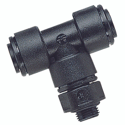 10MM OD X 1/2" BSPP MALE SW TEE CENT LEG - 1/2" BSP Parallel Male x 10mm Outside Diameter, Metric Push-in Fitting, Stud Branch Swivel Tee, Plastic, Working Temperature 0Ã‚Â°C to +23Ã‚Â°C, Maximum Working Pressure 10 bar, John GuestAll images used are f