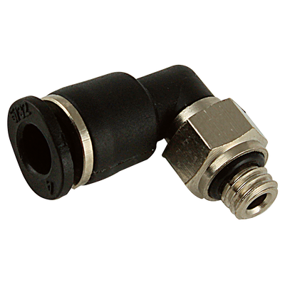 10-32UNF x 1/8" Micro Male Elbow - 10-32 UNF Male x 1/8" Outside Diameter, Pneumatic One Touch Micro Push-in Imperial Tube Fitting, 90Ã‚Â° Stud Swivel Elbow, Plastic/Brass Nickel Plated, Working Temperature 0Ã‚Â°C to +60Ã‚Â°C, Maximum Working Pressure 10