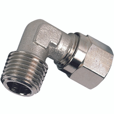 MALE STUD ELBOW 10MM OD TO 1/2"BSPT - 1/2" BSP Tapered, 90Ã‚Â° Male Stud Elbow, Metric Compression Fitting, 10mm Outside Diameter x 8mm Inside Diameter, Brass Nickel Plated, Working Temperature -45Ã‚Â°C to +80Ã‚Â°C, Maximum Working Pressure 60 bar, Metal