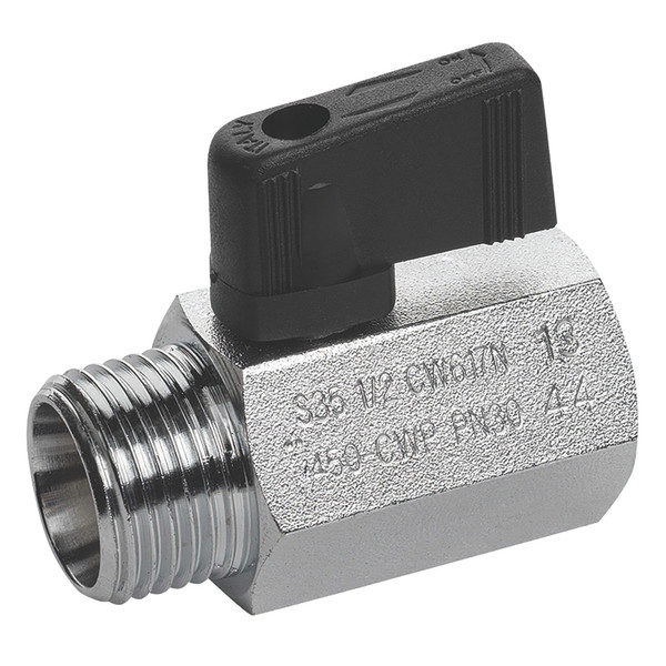 1/8"BSPF x 1/8"BSPM Brass Ball Valve Black Handle - 1/8" BSP Parallel Female x 1/8" BSP Parallel Male, High Pressure Mini Ball Valve, Black Handle, Nickel Plated Brass, PTFE Seal, Working Temperature -20°C to +90°C, Working Pressure 30 bar, RUBAll im