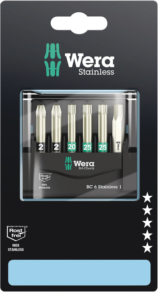 WERA Bit-Check 6 Stainless 1 SB 2 x PZ 2x50; 1 x TX 20x50; 2 x TX 25x50; 1 x 5.5x50mm
