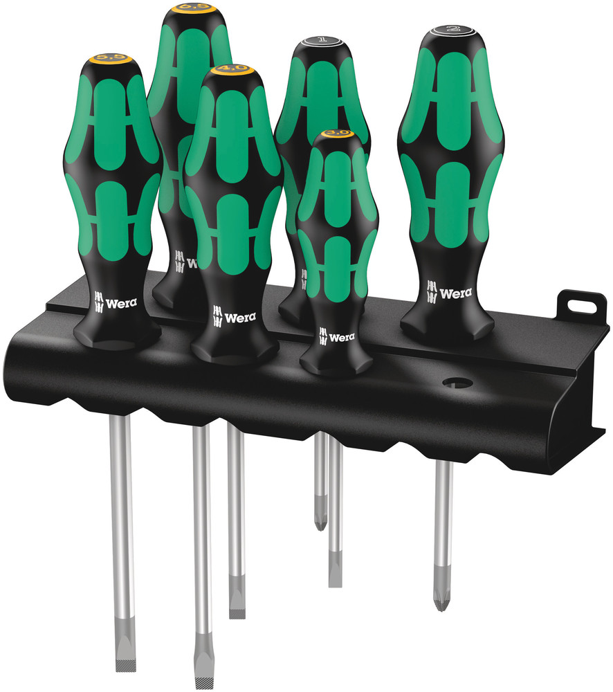 WERA 334/355/6 Rack Screwdriver set Kraftform Plus Lasertip and rack 1 x PZ 1x80; 1 x PZ 2x100; 1 x 1.2x6.5x150; 1 x 0.5x3.0x80; 1 x 0.8x4.0x100; 1 x 1.0x5.5x125mm