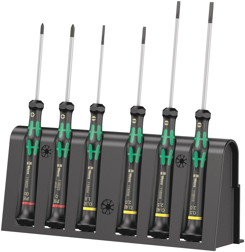 WERA 2035/6 A Screwdriver set and rack for electronic applications 1 x PH 00x60; 1 x PH 0x60; 1 x 0.30x1.8x60; 1 x 0.40x2.0x60; 1 x 0.40x2.5x80; 1 x 0.50x3.0x80mm