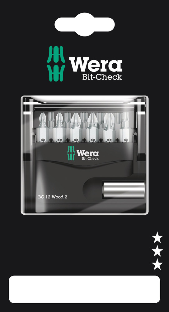 WERA Bit-Check 12 Wood 2 SB 1 x 1/4"x50; 1 x PH 2x25; 1 x PZ 1x25; 2 x PZ 2x25; 1 x PZ 3x25; 1 x TX 10x25; 1 x TX 15x25; 1 x TX 20x25; 1 x TX 25x25; 1 x TX 30x25; 1 x TX 40x25mm