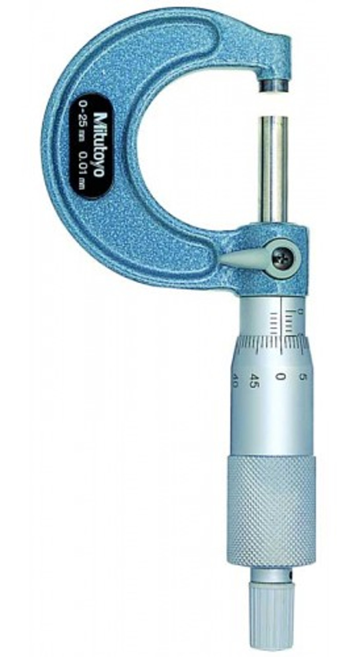 Mitutoyo 103-129 Outside Micrometer, Baked-enamel Finish, Ratchet Stop,  0-25mm Range, 0.001mm Graduation, +/-0.002mm Accuracy