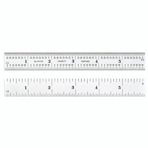 Starrett 1604R-6 Spring Tempered Steel Rule With Inch Graduations, 4R Graduations, 6" Length, 3/4" Width, 3/64" Thickness