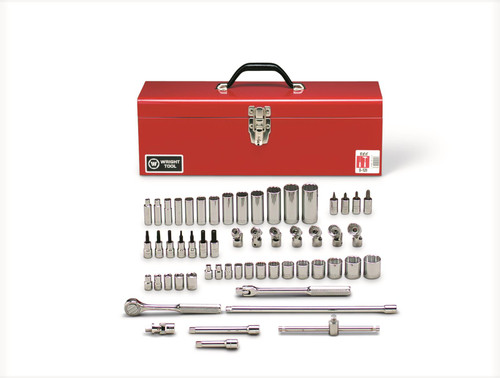 Wright Tool 348  3/8" Drive 56 Piece Metal Boxed Set - 12, 6 & 8 Point Standard, Deep, Flex Sockets - Each Having Varying Sizes Ranging from 1/8" - 1", Ratchet, Flex Handle, Sliding T, 3", 6", 12" Extensions, Universal, Hex Bit Sockets w/Bits & P