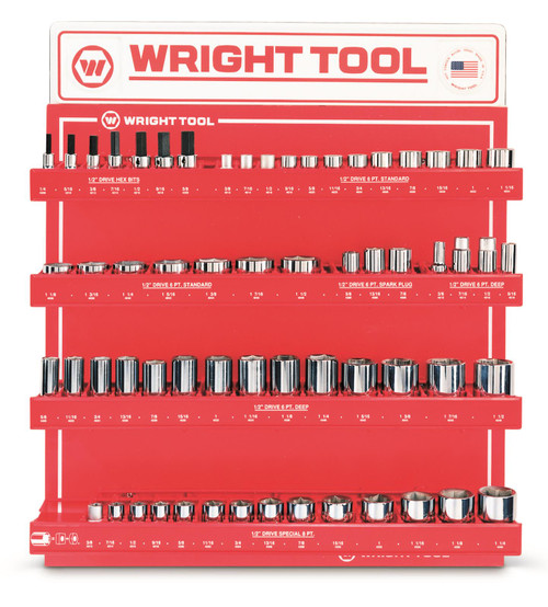 Wright Tool D947  1/2" Drive SAE 6 Point Standard, Deep &Hex Bit Socket Display - 61 Pieces