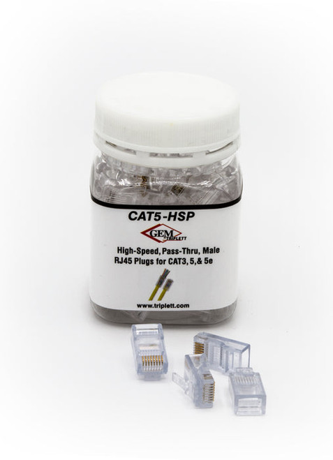 Triplett High Speed, Pass-Thru, Modular CAT5 Connector -- Male. Jar of 100.Use with GET-HSCT crimp tool.