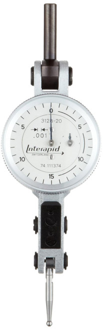 Brown & Sharpe TESA 74.111374 Interapid 312 Dial Test Indicator, Horizontal Type, M1.7x4 Thread, 0.157" Stem Dia., White Dial, 0-15-0 Reading, 1.2" Dial Dia., 0-0.06" Range, 0.001" Graduation, +/-0.01mm Accuracy