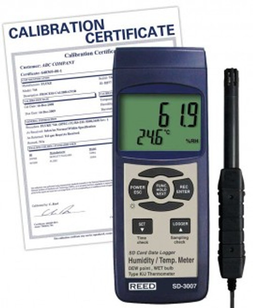 REED Instruments SD-3007-NIST THERMO-HYGROMETER W/ TYPE K THERMOCOUPLE, DATA LOGGER  W/NIST CERT