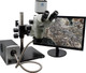 Aven 26800B-382-PRO - SPZ TRINOCULAR MICROSCOPE MOUNTED ON DOUBLE ARM BOOM STAND, ERAM FOCUS MOUNT, AUTO FOCUS CAMERA, FIBER OPTIC ILLUMINATOR, RING LIGHT AND 22" LED HD MONITOR