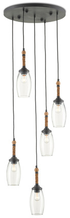 Currey and Company - 9000-0652 - Five Light Pendant - Hightider Collection - French Black/Natural Rope