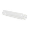 one of the clear plastic pre roll tubes lying at an angle with the threaded opening on the right