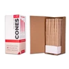 closed retail box beside an open box packed with brown pre rolled cones standing upright
