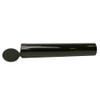 side view of a glossy black child resistant pre roll tube with a small round lid folded open