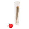 clear glass pre roll tubes holding one pre rolled cone with the red silicone cap set beside it