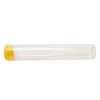 side view of clear glass pre roll tubes lying flat with a yellow silicone cap on the left end