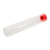 diagonal view of glass pre roll tubes with a red cap at the top and a rounded clear base