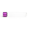 glass pre roll tubes lying flat with a purple cap on the left and a clear straight body