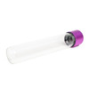 glass pre roll tubes tilted with a purple cap at the upper right and a clear rounded base