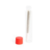 glass pre roll tubes holding a slim joint with a white filter beside a loose red cap