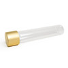 glass pre roll tubes lying flat with a gold cap on the left and a clear body