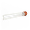 clear glass pre roll tubes resting on one side with the wood grain cap at the far right end