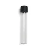 glass pre roll tubes standing upright and empty with a smooth black cap and a clear straight body