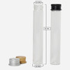 glass pre roll tubes with size labels beside loose silver and gold caps and one black capped tube