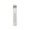 empty clear glass pre roll tube with a ridged silver aluminum screw cap on a white background