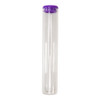 one hundred twenty-five millimeter clear glass single width cork tube with purple silicone cap front