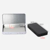 open silver tray and closed black metal pre roll tins showing measurements