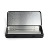 front view of fully open black pre roll tins with silver metal interior