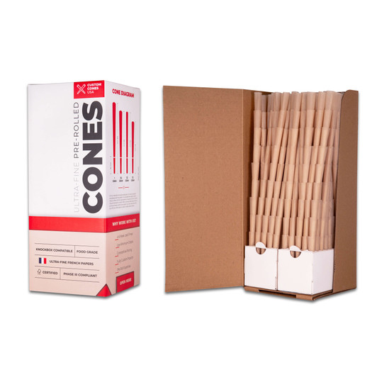 84mm Natural Pre-Rolled Cones made with brown flax paper. These cones are made for 1/2 gram applications. Common use is for multi-packs. Comes in wholesale case of 800 pre-rolled cones.