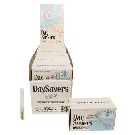Display Case - DaySavers Minis Refined White Artisan Pre Rolled Tubes with Spiral Filter Tips [12 Packs in Case] [20 Tubes Per Pack]