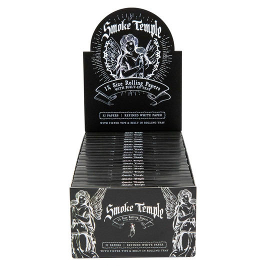Display Box - Smoke Temple 1 1/4 White Rolling Papers with Filter Tips and Rolling Tray [20 Packs per Case, 32 Papers per Pack]