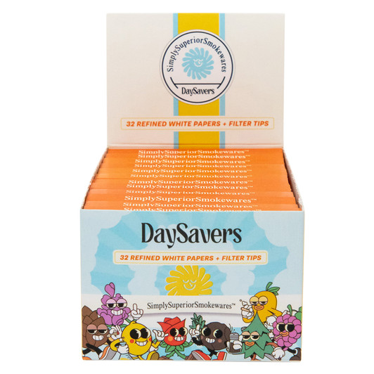 Display Box - DaySavers 1 1/4 White Rolling Papers with Filter Tips [24 Packs per Case, 32 Papers per Pack]