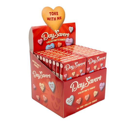 Display Box - DaySavers Half Gram 1 1/4 Valentine's Day Pre-Rolled Cones [20 Packs in a Box, 21 Cones per Pack]