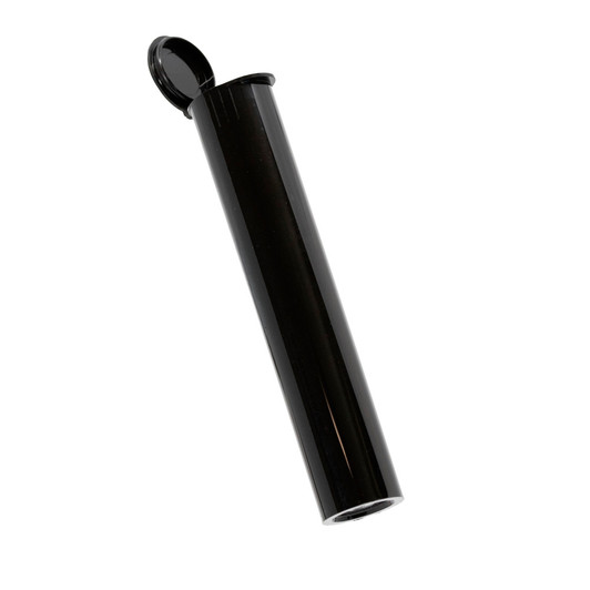 tilted glossy black child resistant pre roll tube with the hinged lid open at the upper left