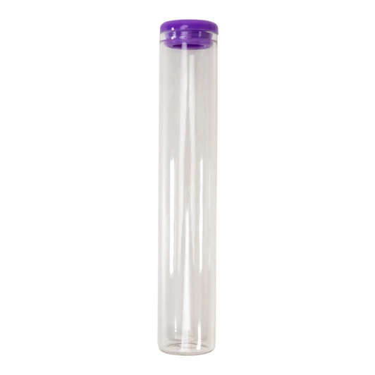 upright glass pre roll tubes with a purple silicone cap on top