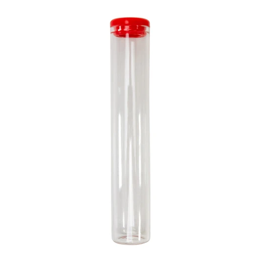 upright glass pre roll tubes with a red silicone cap on top