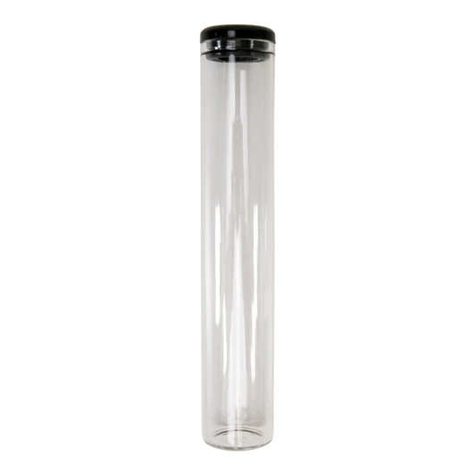 upright glass pre roll tubes with a black silicone cap on top against a plain white background