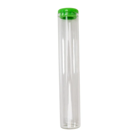 120 millimeter clear glass single width cork tube with green silicone cap front