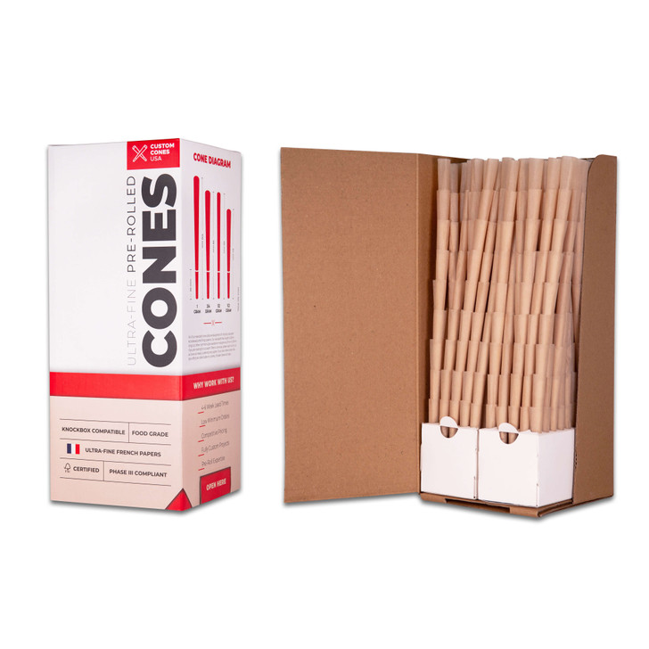 The natural 98mm pre-rolled cones with the standard opening are the best pre-rolled cones around. These pre-rolled cones come in bulk boxes of 800 cones.